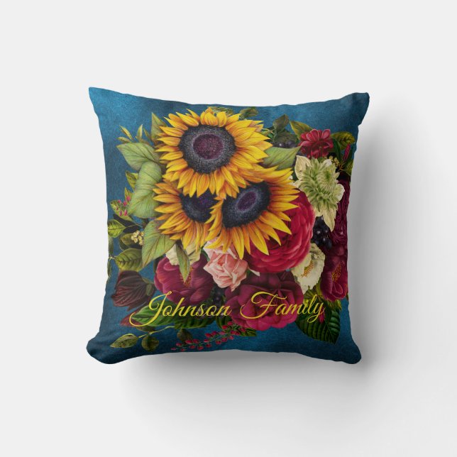 Sunflowers and roses elegant family name navy blue cushion (Front)