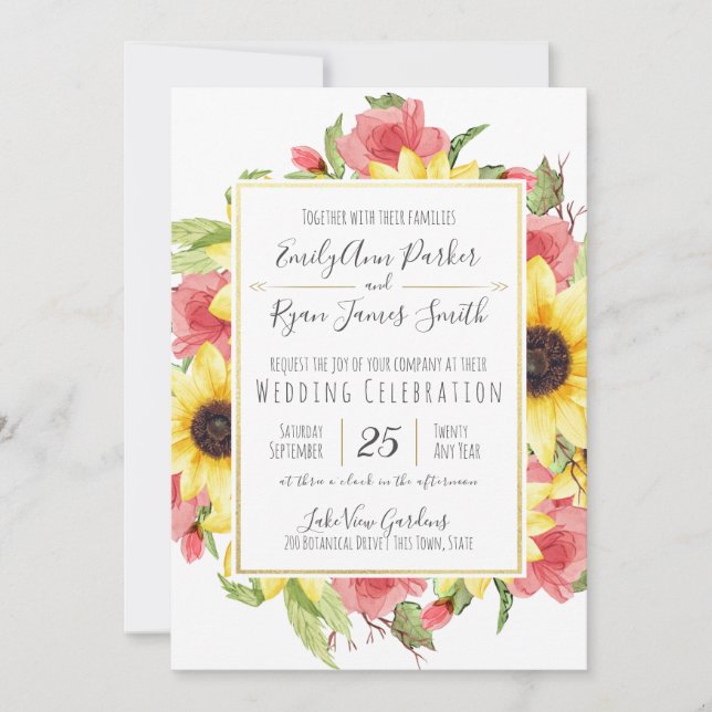 Sunflowers and Roses Gold Frame Wedding Invitation (Front)