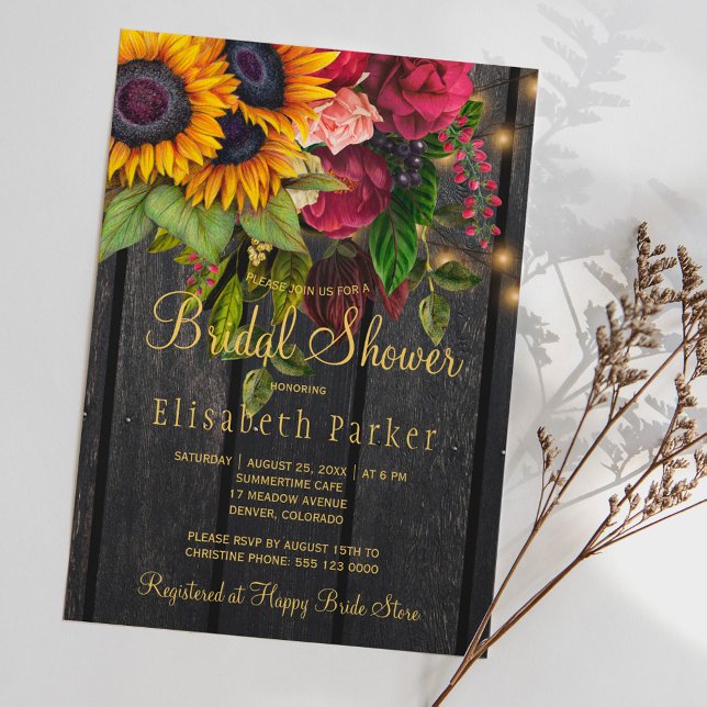 Sunflowers and roses rustic wood bridal shower invitation (Creator Uploaded)
