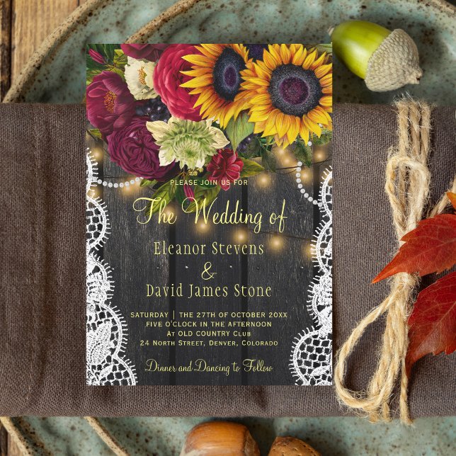 Sunflowers and roses vintage rustic wood wedding invitation (Creator Uploaded)