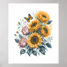 Sunflowers and Roses Watercolor Bouquet Painting