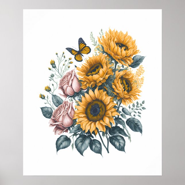 Sunflowers and Roses Watercolor Bouquet Painting Poster (Front)