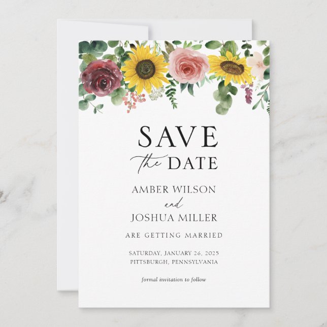 Sunflowers and Roses Wedding Save the Date (Front)
