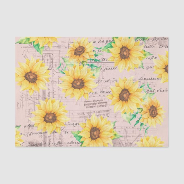 Sunflowers and Script Floral Decoupage Tissue Paper (Front)