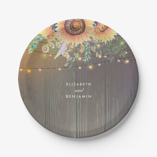 Sunflowers and String Lights Rustic Country Barn Paper Plate (Front)