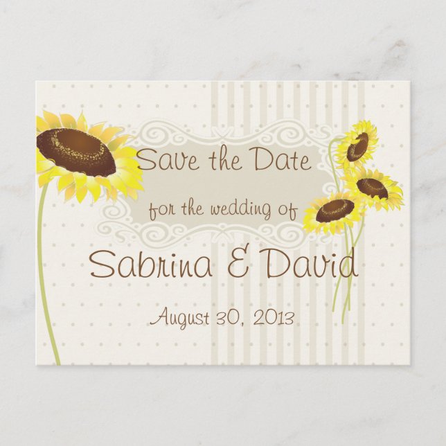 Sunflowers And Stripes Save the Date Announcement Postcard (Front)