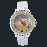 SUNFLOWERS AND SUMMER SUNSET WITH PINK CLOUDS WATCH<br><div class="desc">Colourful photo , Summer landscape with magic pink purple clouds and sunflowers  Artistic Photography and graphic design by Alessandro Lumini (c)</div>