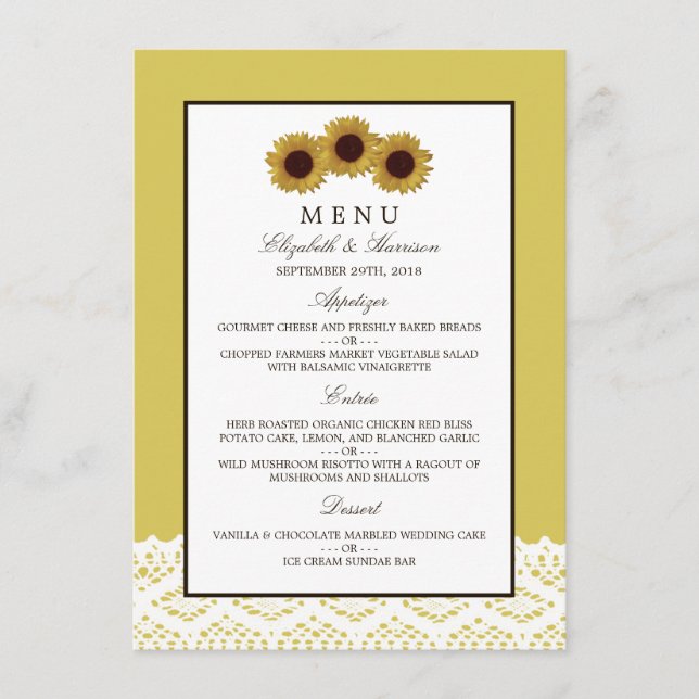 Sunflowers and Vintage Lace Wedding Menu (Front)