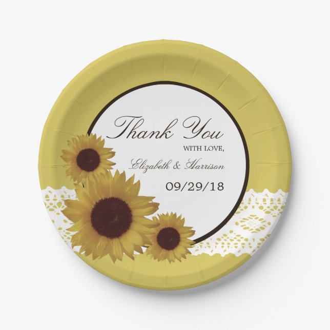 Sunflowers and Vintage Lace Wedding Paper Plate (Front)