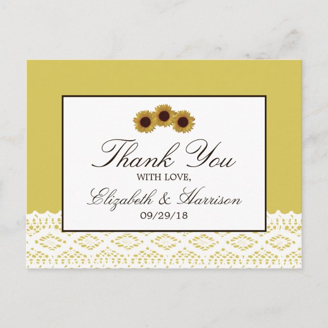 Sunflowers and Vintage Lace Wedding Thank You Postcard (Front)