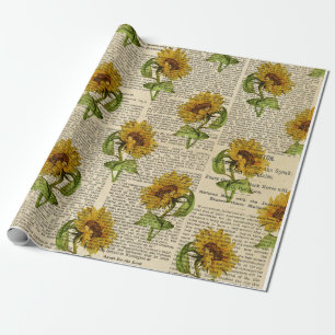 Sunflowers and Vintage Newsprint Wrapping Paper