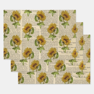 Sunflowers and Vintage Newsprint Wrapping Paper Sheet