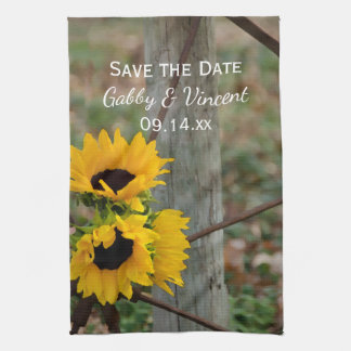Sunflowers and Wagon Wheel Wedding Save the Date Tea Towel