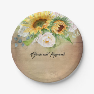 Sunflowers and White Roses Rustic Fall Paper Plate