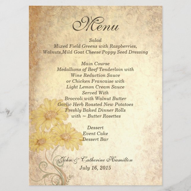 Sunflowers Antique Reproduction Wedding Table Menu (Front)