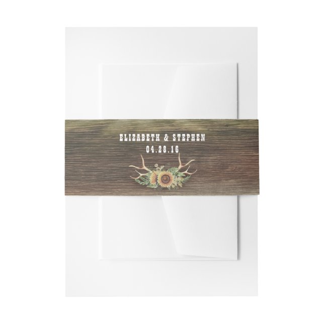 Sunflowers Antlers Rustic Country Wood Wedding Invitation Belly Band (Front Example)