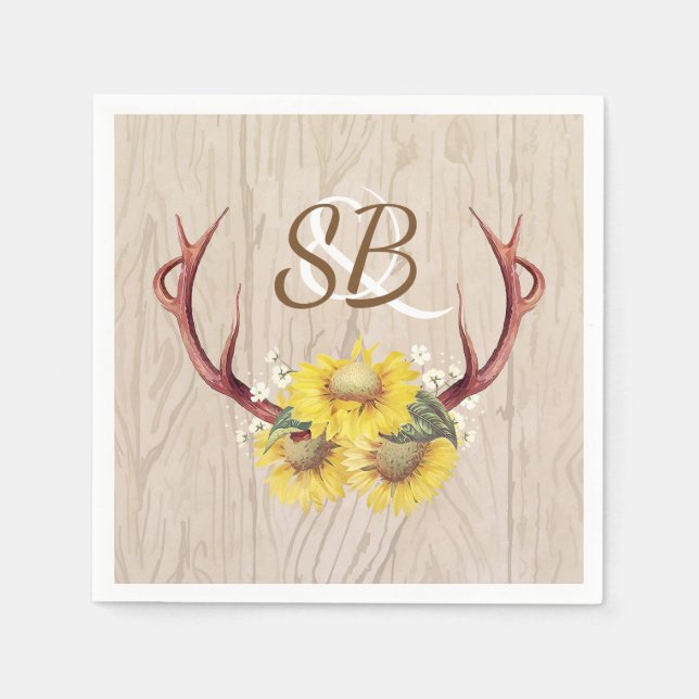 Sunflowers Antlers Rustic Country Wooden Wedding Napkin (Front)