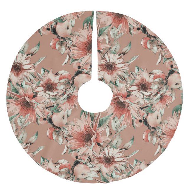 Sunflowers, apples: autumn watercolor pattern brushed polyester tree skirt (Front)