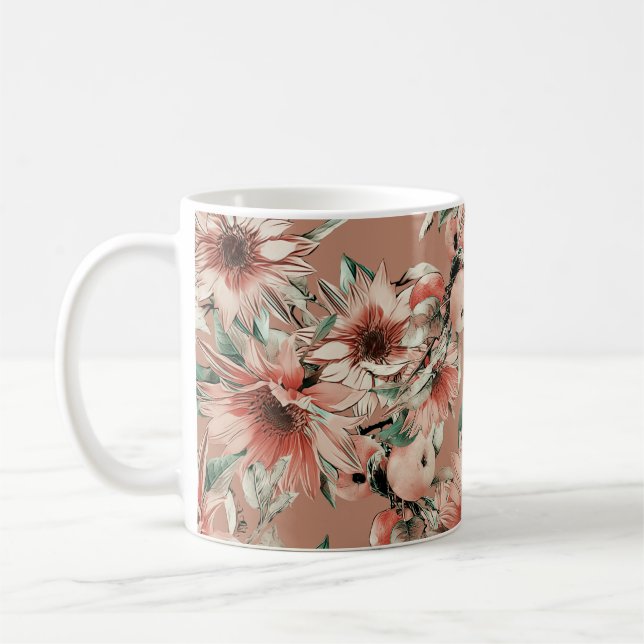 Sunflowers, apples: autumn watercolor pattern coffee mug (Left)
