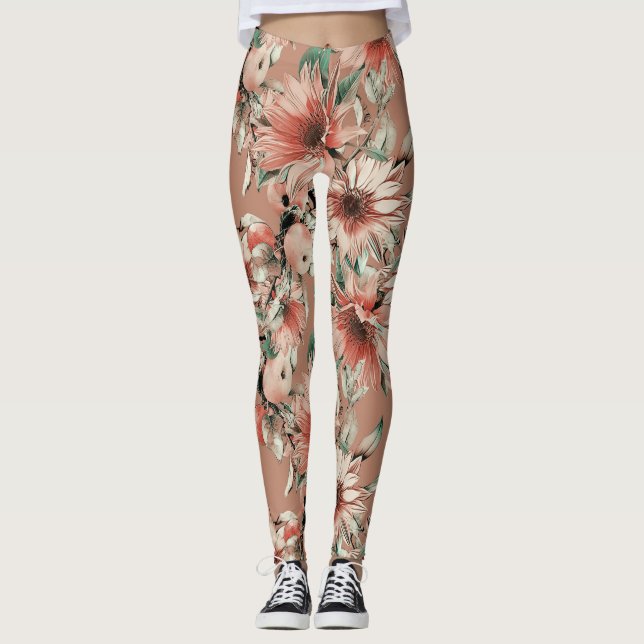 Sunflowers, apples: autumn watercolor pattern leggings (Front)