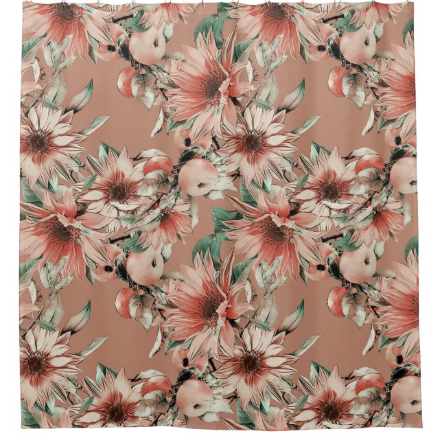 Sunflowers, apples: autumn watercolor pattern shower curtain (Front)