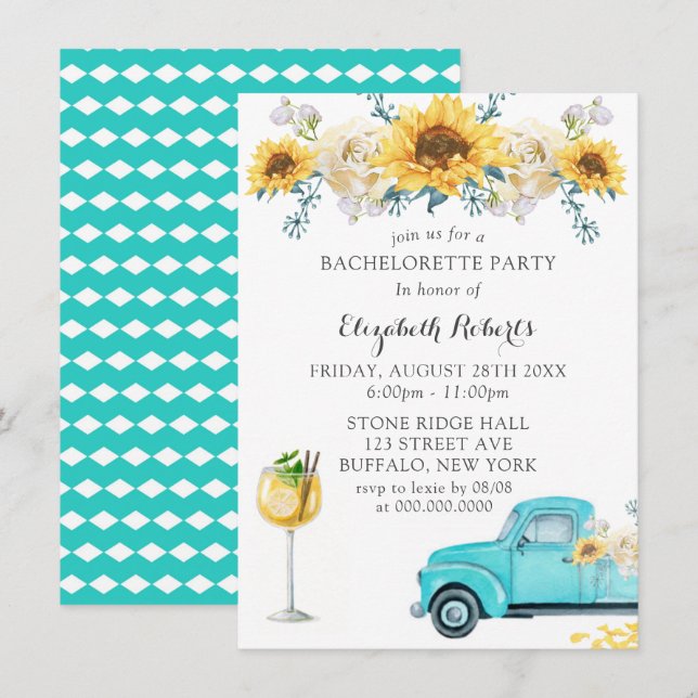 Sunflowers Aqua Vintage Truck Bachelorette Party Invitation (Front/Back)