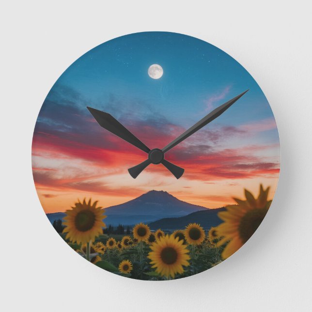 Sunflowers at Dusk: Moonrise Over the Mountain Round Clock (Front)