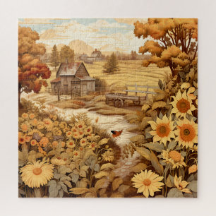 Sunflowers Autumn Leaves Country Farm Barn Jigsaw Puzzle