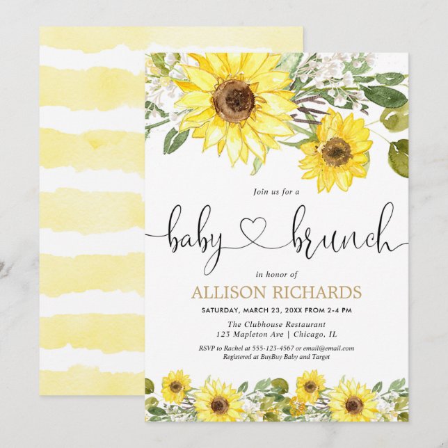 Sunflowers baby brunch greenery white floral invitation (Front/Back)