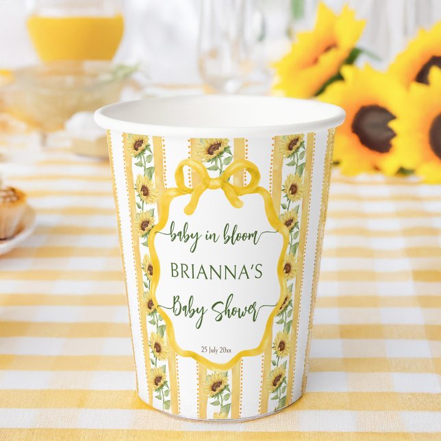 Sunflowers baby in bloom baby shower monogrammed  paper cups (Sunflowers baby in bloom baby shower monogrammed paper cups retro stripes personalized table decor)