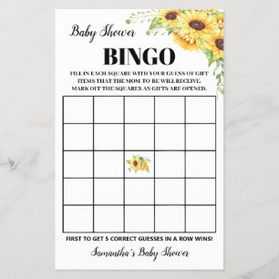 Sunflowers Baby Shower Bingo Game Card