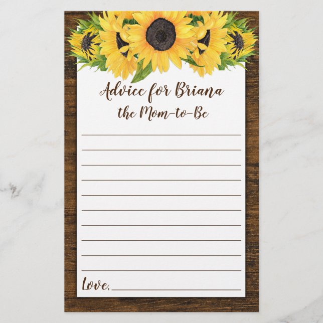Sunflowers Baby Shower Games  Advice and Wishes (Front)
