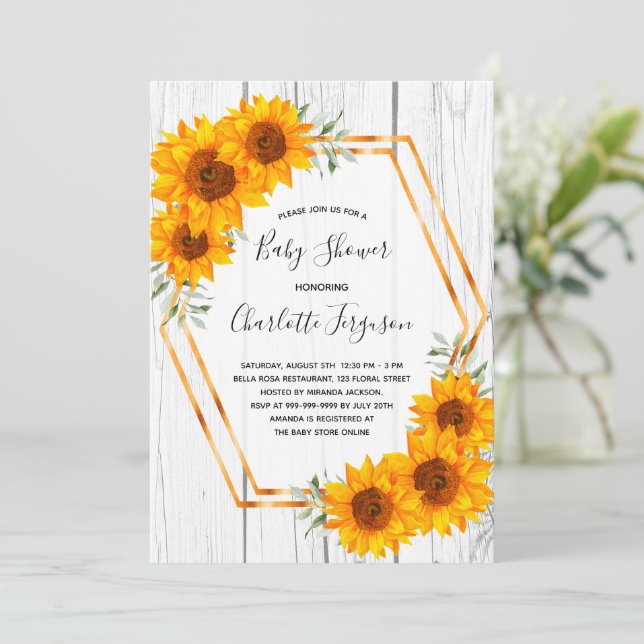 Sunflowers Baby Shower rustic gold geometrical Invitation (Standing Front)