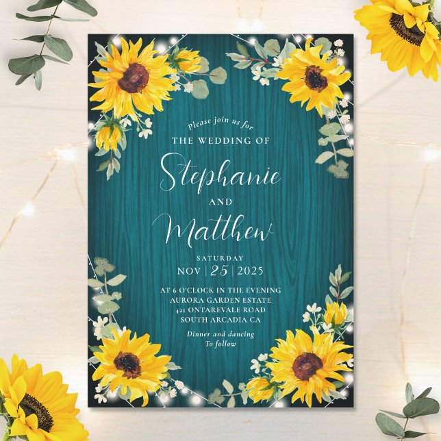 Sunflowers Babys Breath Lights Teal Wood Wedding Invitation (Creator Uploaded)