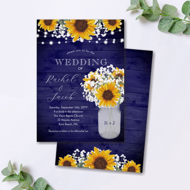 Sunflowers Babys Breath Navy Jar Lights Wedding Invitation (Creator Uploaded)