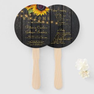 Sunflowers barn wood gold script wedding ceremony hand fan