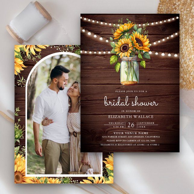 Sunflowers Barn Wood Mason Jar Photo Bridal Shower Invitation (Creator Uploaded)