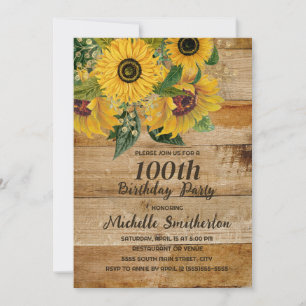 Sunflowers Barn Wood Western 100th Birthday Invitation