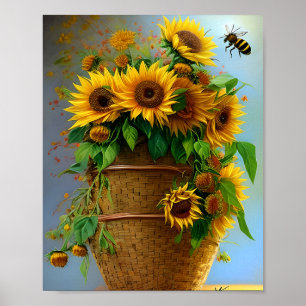 Sunflowers basket and bees poster