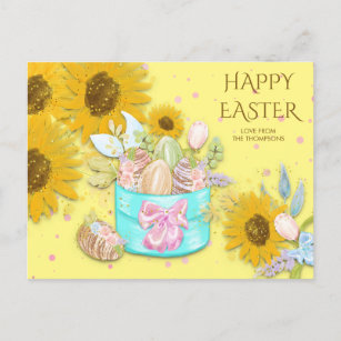 Sunflowers Basket Easter Eggs Name Yellow Holiday Postcard