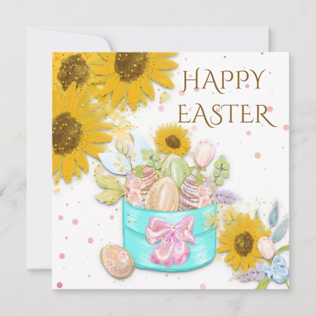 Sunflowers Basket of Eggs Happy Easter White Holiday Card (Front)