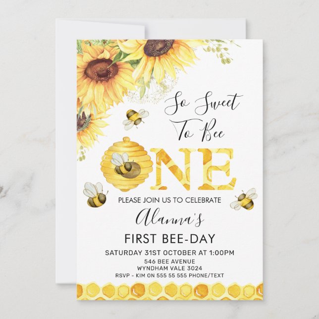 Sunflowers Bee First Bee-day Birthday Invitation (Front)
