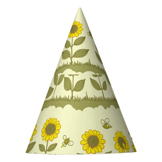 Sunflowers, bees, cute seamless pattern. party hat (Front)