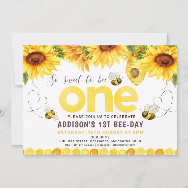 Sunflowers Bees Hearts Bee-Day First Birthday Invitation (Front)