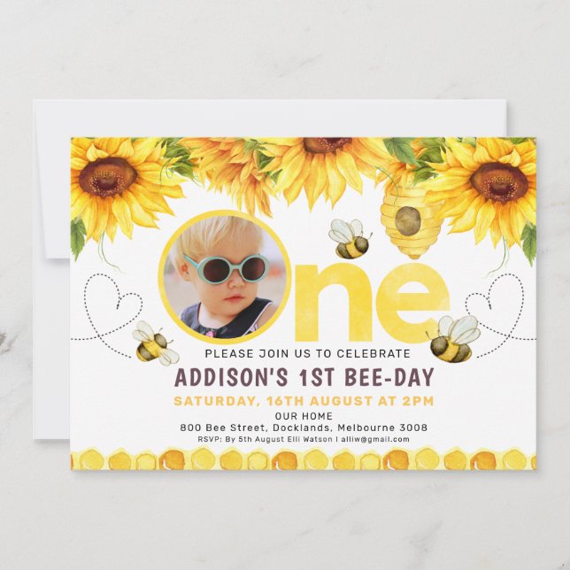 Sunflowers Bees Hearts Bee-Day Photo 1st Birthday Invitation (Front)