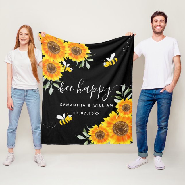 Sunflowers bees rustic black wedding couple fleece blanket (In Situ)