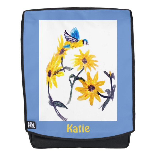 Sunflowers Bird Painting Personalised Backpack (Front)
