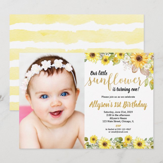 Sunflowers birthday party yellow photo girl invitation (Front/Back)