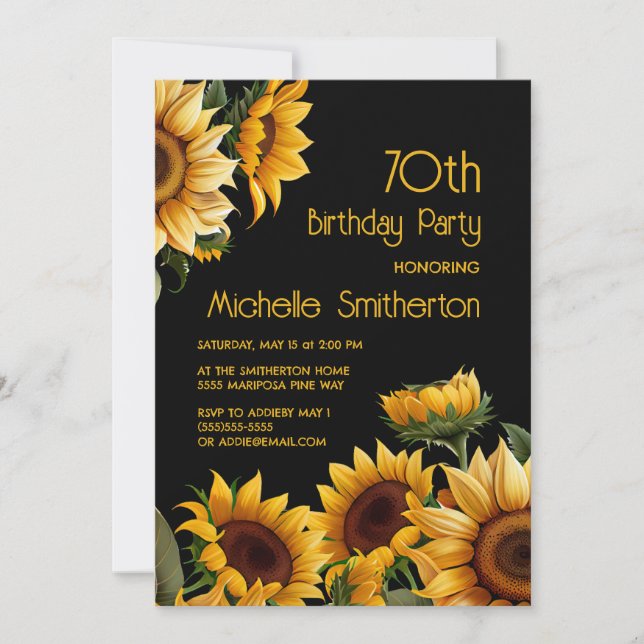 Sunflowers Black 70th Birthday Invitation (Front)