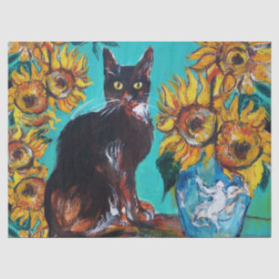 SUNFLOWERS ,BLACK CAT IN BLUE TURQUOISE TISSUE PAPER